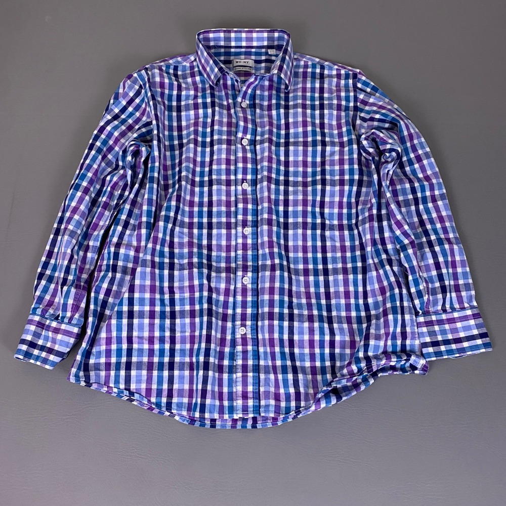 WD-NY Mens Athletic Fit Button Up Shirt‎  17.5 34-35 L Purple Blue Gingham Plaid